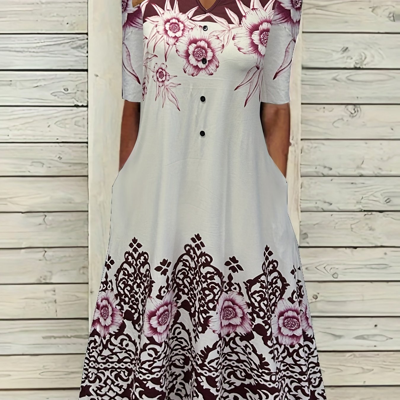 Women's Floral Print Casual Dress with Pockets