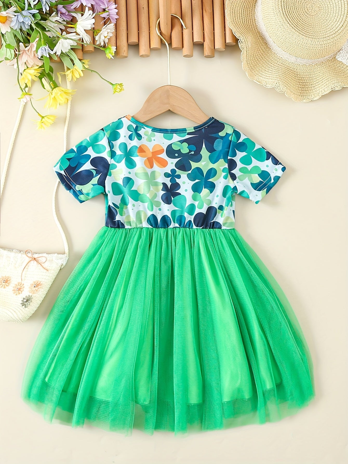 Toddler Girls Clover & Easter Egg Print Tutu Dress Summer Easter Gift