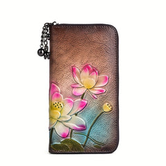 Vintage Floral Leather Wallet for Women, Zipper Closure, Card Slots