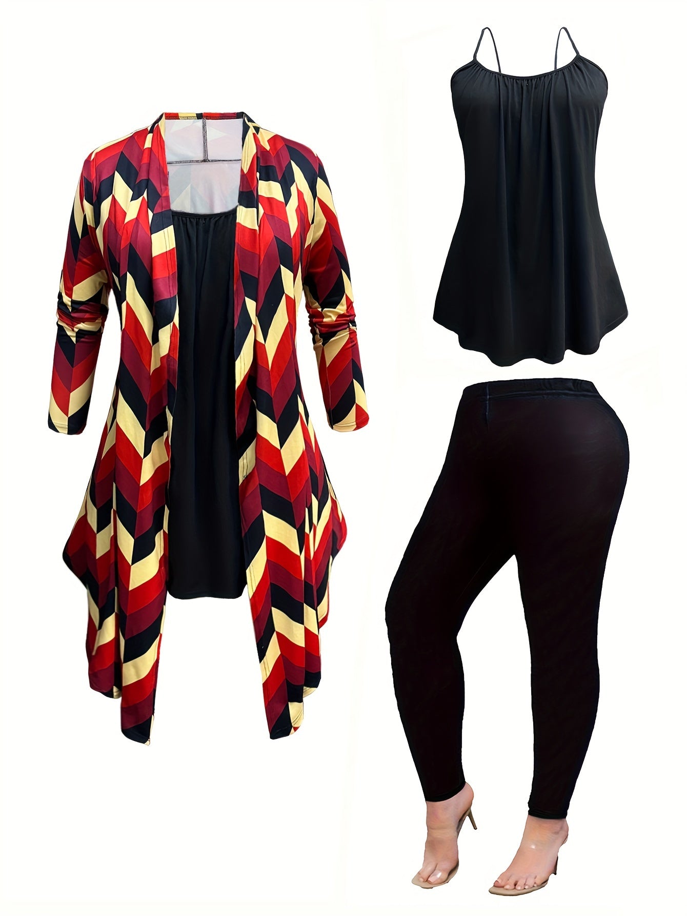 Women's Plus Geometric Print Cardigan & Cami Top & Pants Set