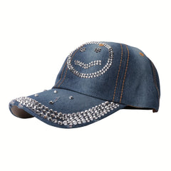 Smiley Face Rhinestone Baseball Cap Y2K Washed Distressed Denim Hat