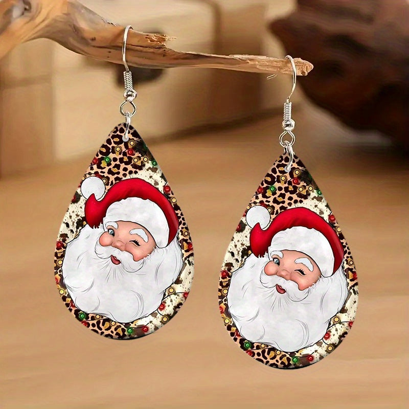 Christmas Teardrop Wooden Earrings Santa Snowman