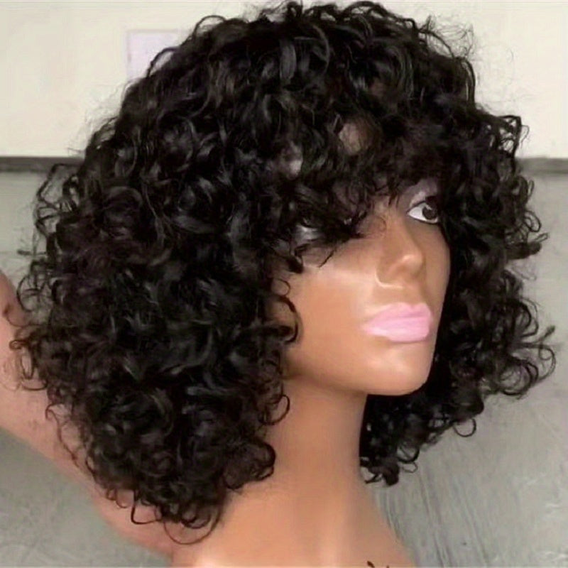 Short Curly Bob Fringe Human Hair Wigs with Bangs