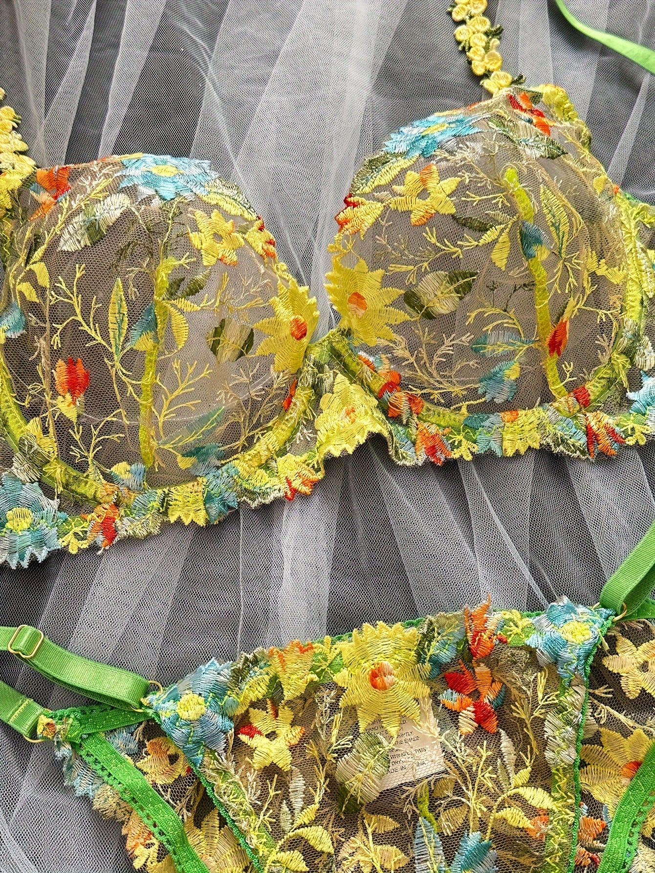 Floral Embroidery Lingerie Set Mesh Unlined Bra & Sheer Panties