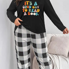 Floral Slogan Print Long Sleeve Pajama Set