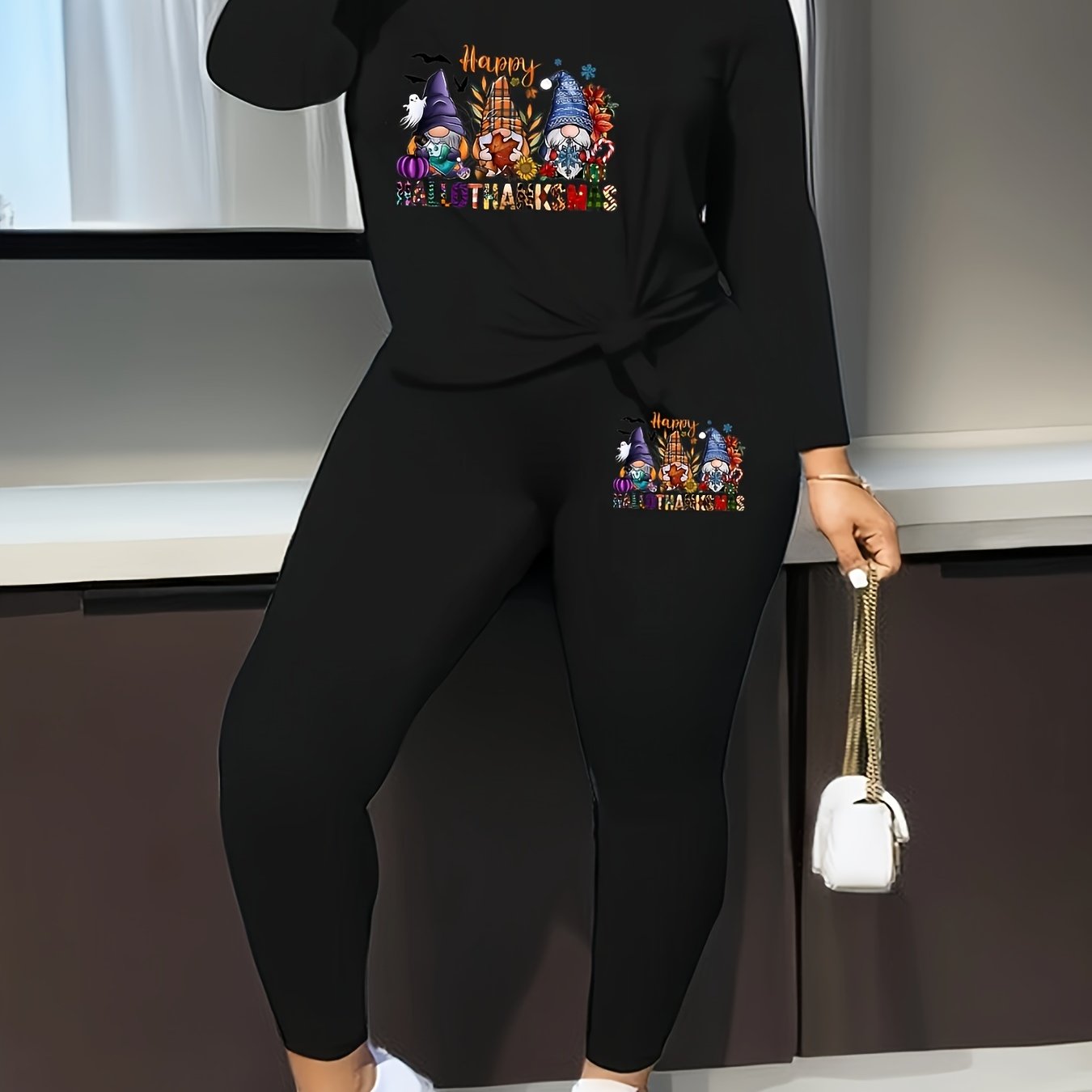 Women's Plus Gnomes & Letter Graphic V Neck Top & Leggings Outfits 2 Piece Set