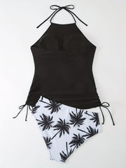 Lace Up Halter Tankini Set Tropical Panty Swim