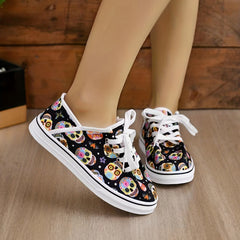 Skull Pattern Halloween Shoes Lace Up Low Round Toe Canvas Comfy Casual Shoes
