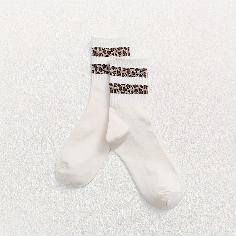 6 Pairs Leopard Print Mid Tube Socks Breathable Women's Stockings