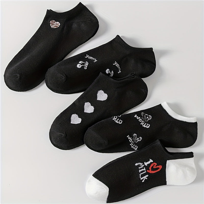 5 Pairs Heart Print Low Cut Ankle Socks Women's Stockings