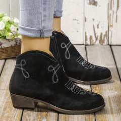 Embroidered Western Ankle Boots V Cut Side Zipper Low Heels Pointed Toe Cowgirl