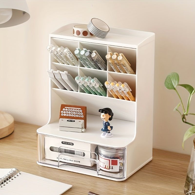Pen Holder Desktop Storage Rack with 7 Compartments and 1 Drawer