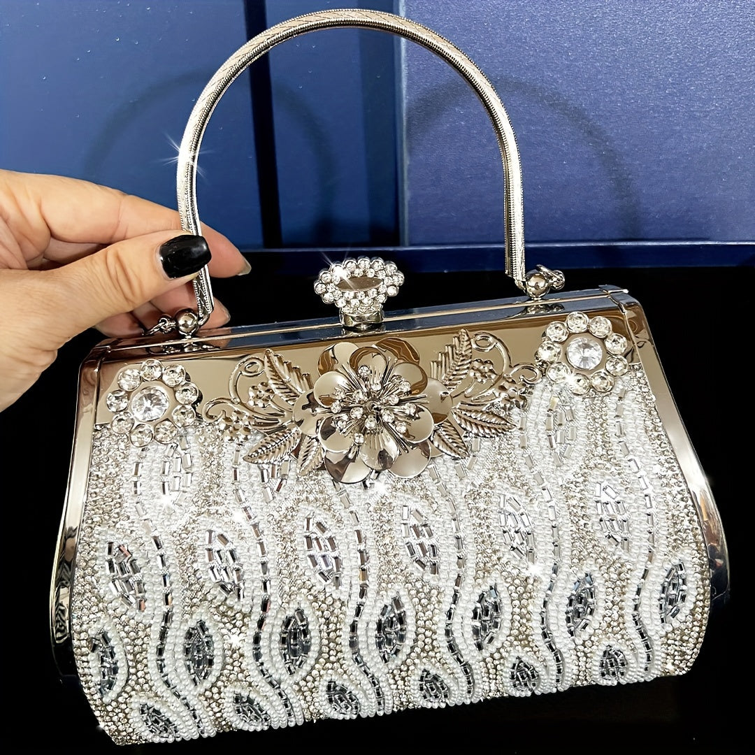 Silvery Pearl Evening Gift Bag Rhinestone Banquet Handbag