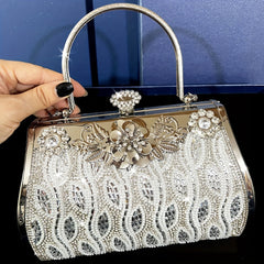 Silvery Pearl Evening Gift Bag Rhinestone Banquet Handbag