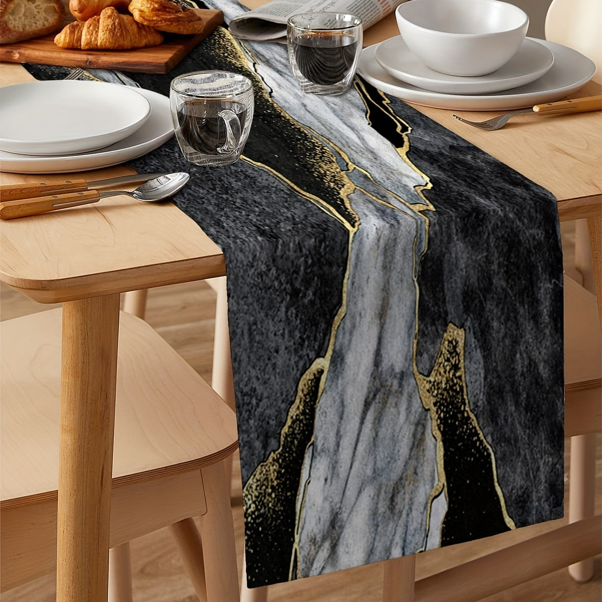 Long Golden Marble Texture Malachite Abstract Linen Table Runner 13x72