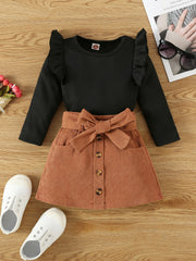 Toddler Girls Ribbed Knit Top & Belted Skirt Set