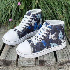 Women's Floral High Top Canvas Sneakers Lace Up Flat Shoes