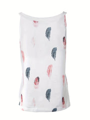 Feather Print V Neck Top Casual Summer Sleeveless Top