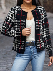 Plaid Open Front Jacket Casual Contrast Trim Jacket for Spring & Fall