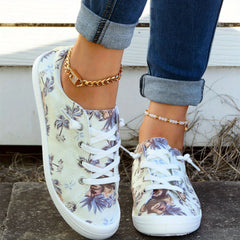 Women's Coconut Tree Pattern Canvas Shoes Lace Up Flat Walking Shoes