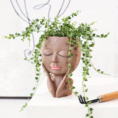 Closed Eyes Quiet Girl Face Succulent Pot with Drainage Hole