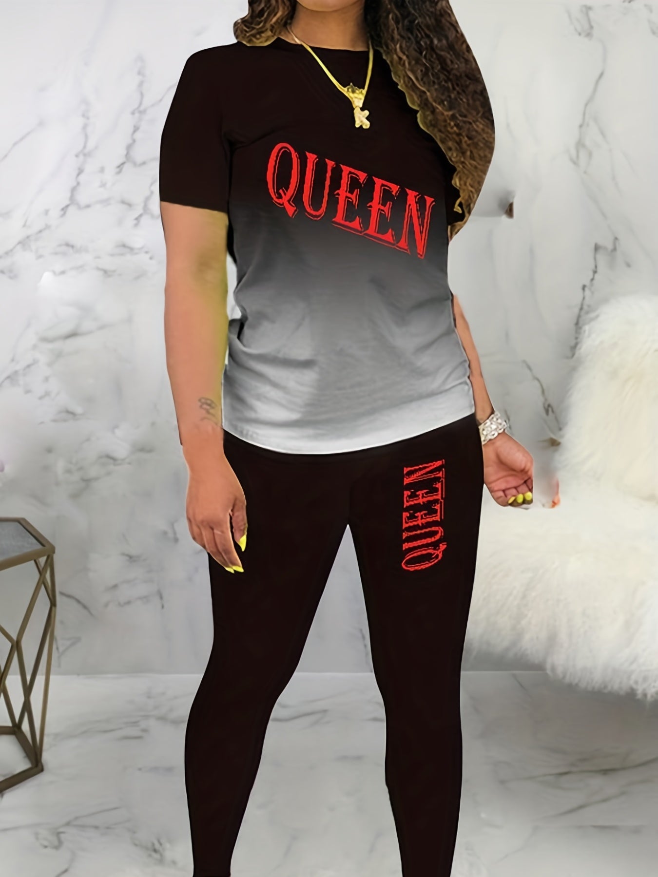 2 Pc Set Women's Plus Letter & Ombre Tee & Leggings Outfit
