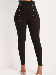 Solid Button Decor Carrot Pants Casual Slim Elastic Waist Pants