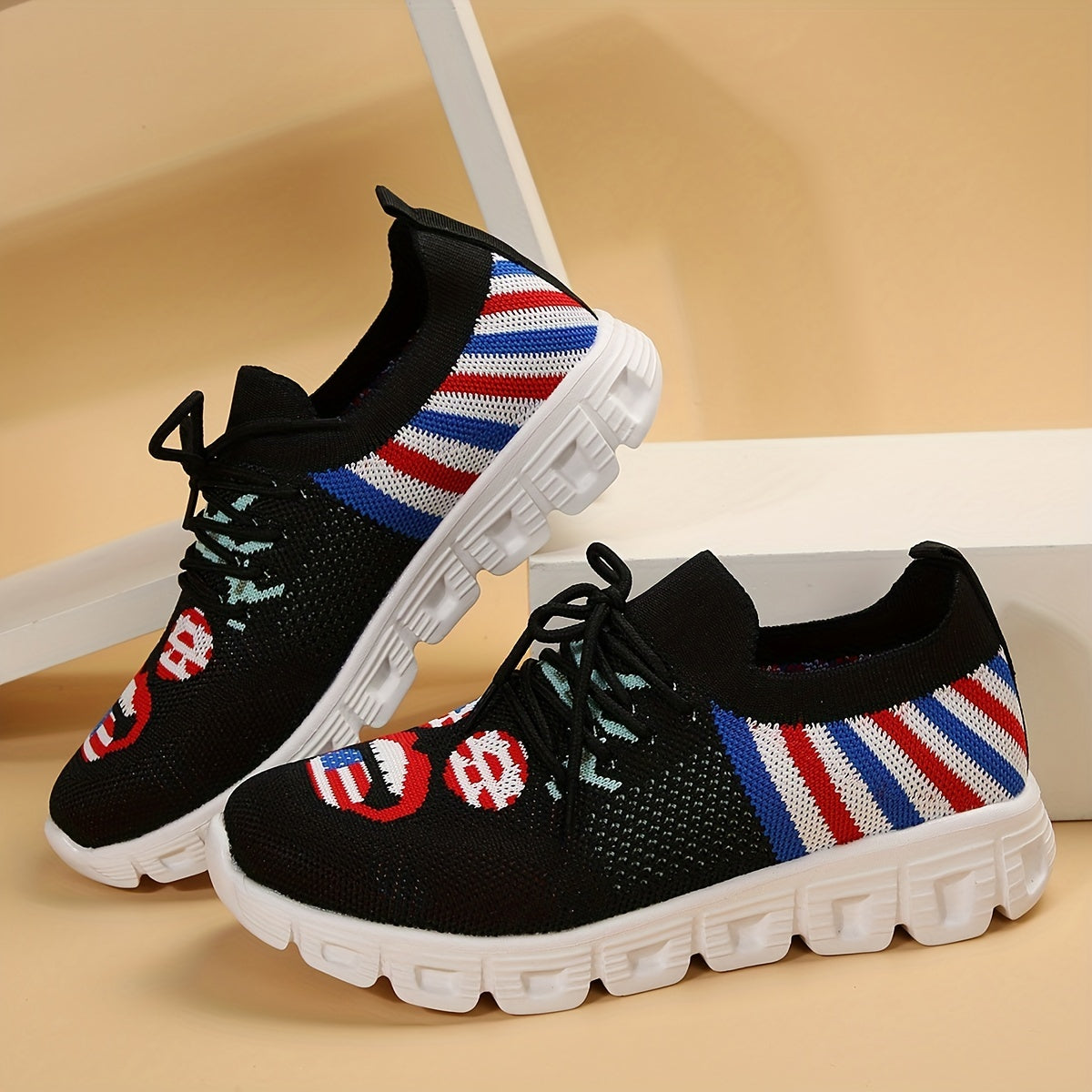 Women's Smiling Face Pattern Walking Shoes Independence Patriotic Mesh