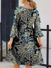 Boho Paisley Print Three Quarter Sleeve Loose Fit Dress