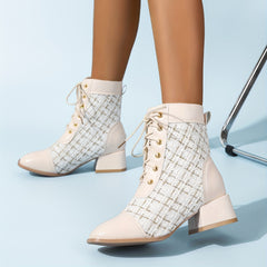 Plaid Chunky Heel Combat Boots Lace Up Square Toe Comfort Dress Boots