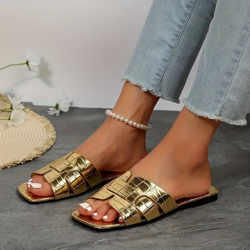 Women's Golden Flat Slide Sandals Crocodile Pattern Summer Shoes Lightweight