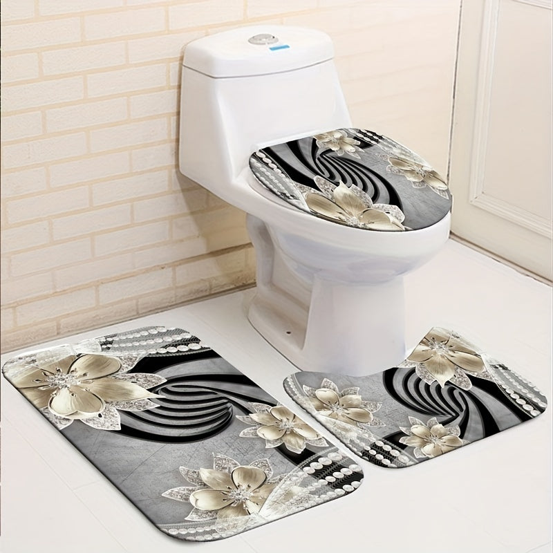 Christmas Waterproof Shower Curtain Set with Non Slip Mat and Toilet Seat Cover
