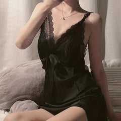 Lace Satin Nightdress Deep V Backless Sleepwear