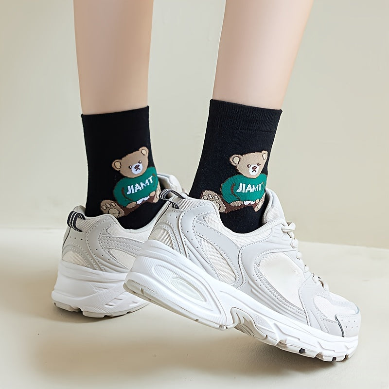 5 Pairs Cartoon Bear Print Crew Socks Women's Stockings