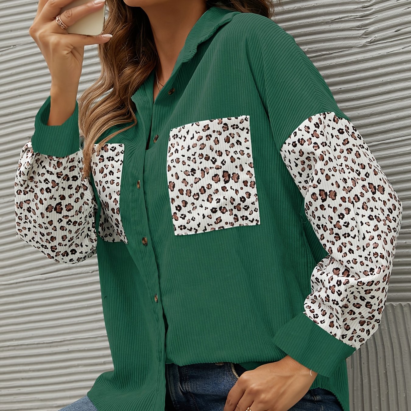 Leopard Print Button Down Coat Lapel Long Sleeve Outerwear