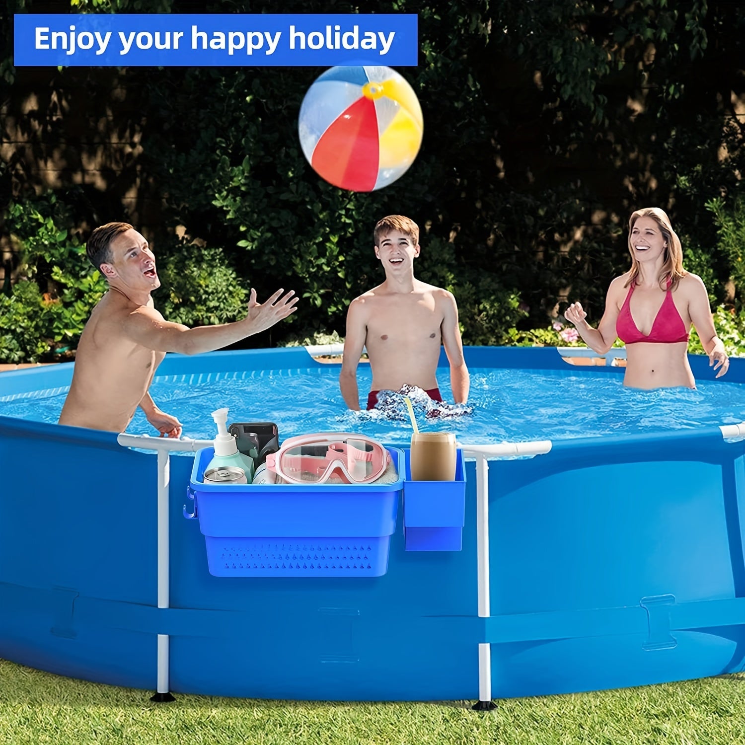 Poolside Storage Basket with Cup Holder Hooks for Frame Pools