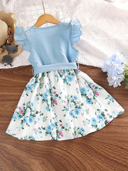 Girls Floral Print Ruffle Sleeve Dress with Belt