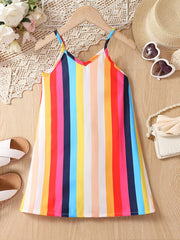 Girls Rainbow Stripes Print Cami Dress Beach Party Holiday Kids Summer Clothes