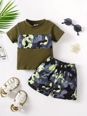 Toddler Boys Block Short Sleeve Top & Shorts Set Camo Print Summer Outfits