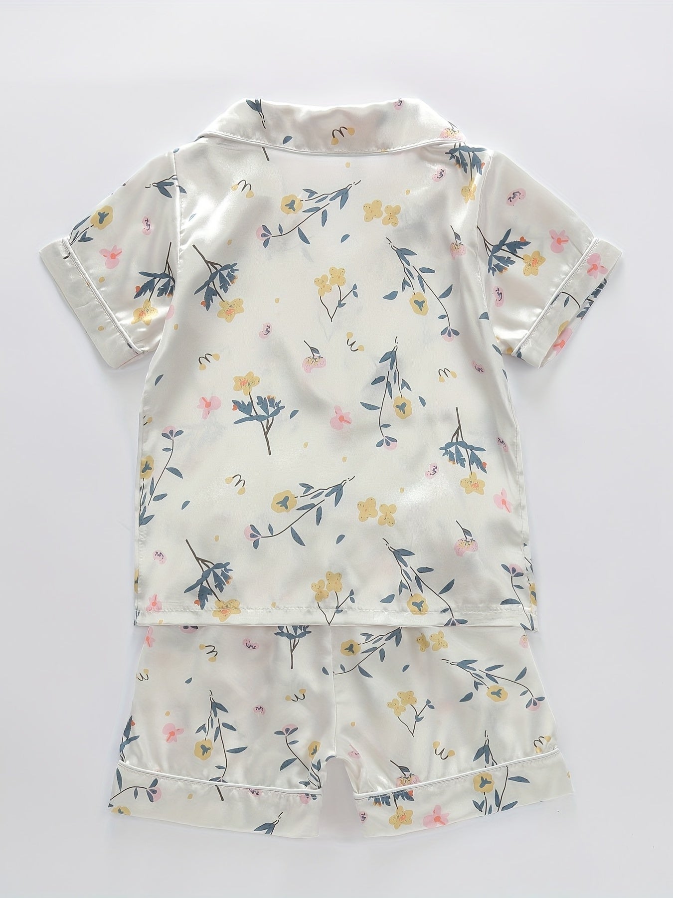 2pcs Kid's Floral Satin Pajama Set Short Sleeve Button Front Top & Shorts