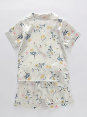 2pcs Kid's Floral Satin Pajama Set Short Sleeve Button Front Top & Shorts