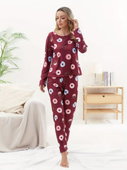 Donut Print Pajama Set Long Sleeve Crew Neck Top & Elastic Waistband Pants