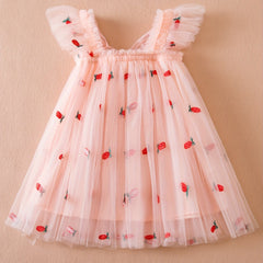 Toddler Girls Strawberry Embroidery Mesh Puffy Dress