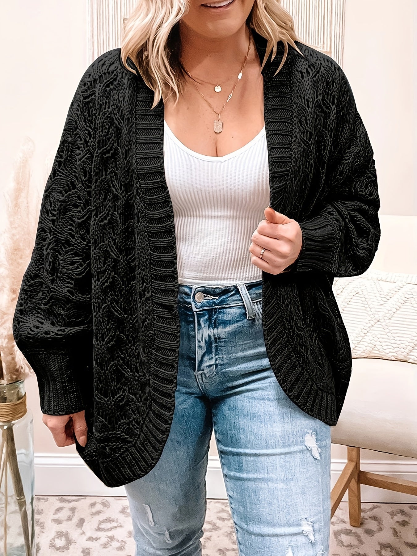 Casual Sweater Women's Plus Solid Jacquard Pointelle Long Sleeve