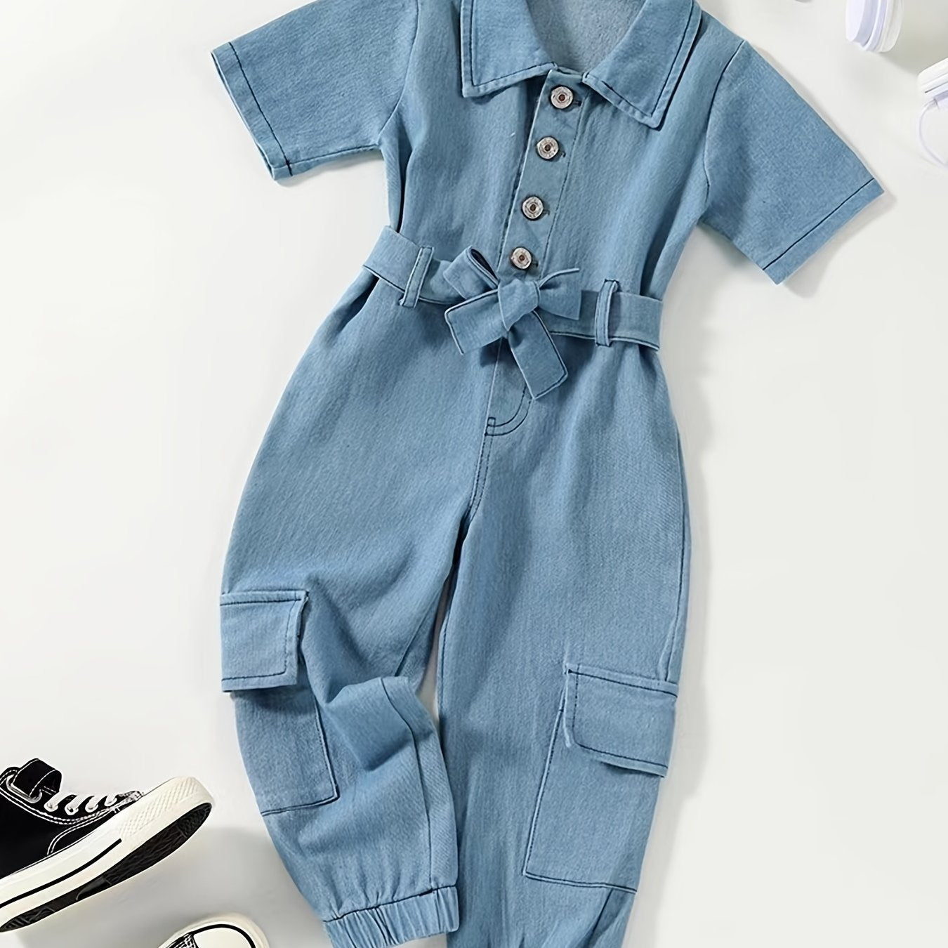 Girls Casual Short Sleeve Denim Jumpsuit Romper With Belt