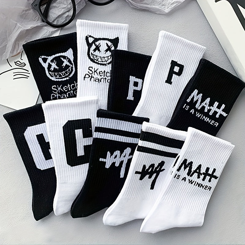 10 Pairs Letter Print Socks Women's Comfy Breathable Sports Mid Tube Stockings