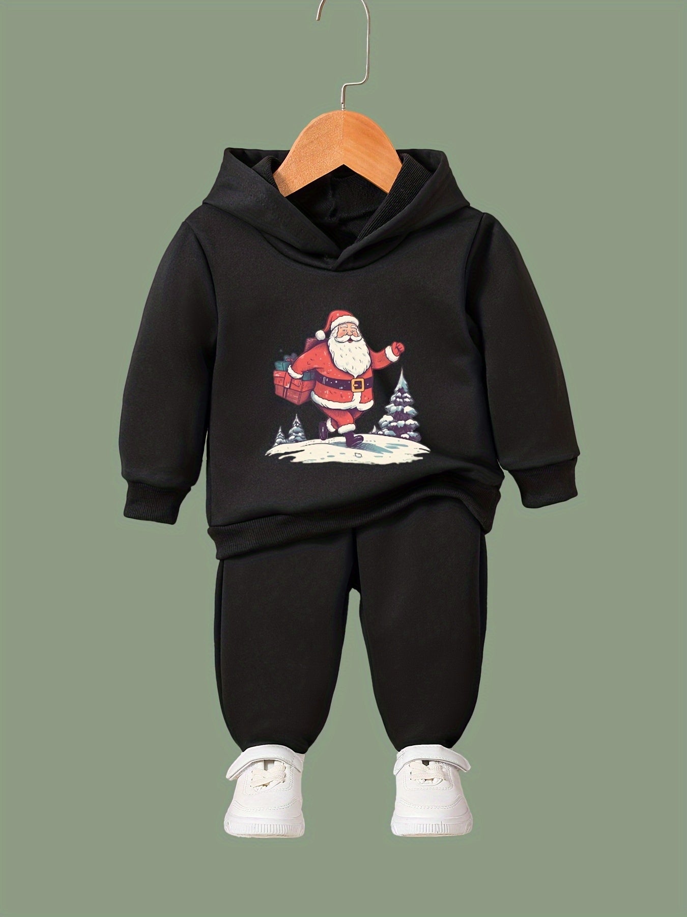 Santa On The Road Print 2pc Outfit Girls Hoodies Jogger Set For Sports Fall