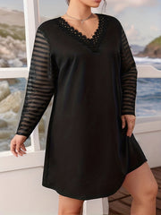 Sexy Stripe Print Lace Long Sleeve V Neck Mini Dress