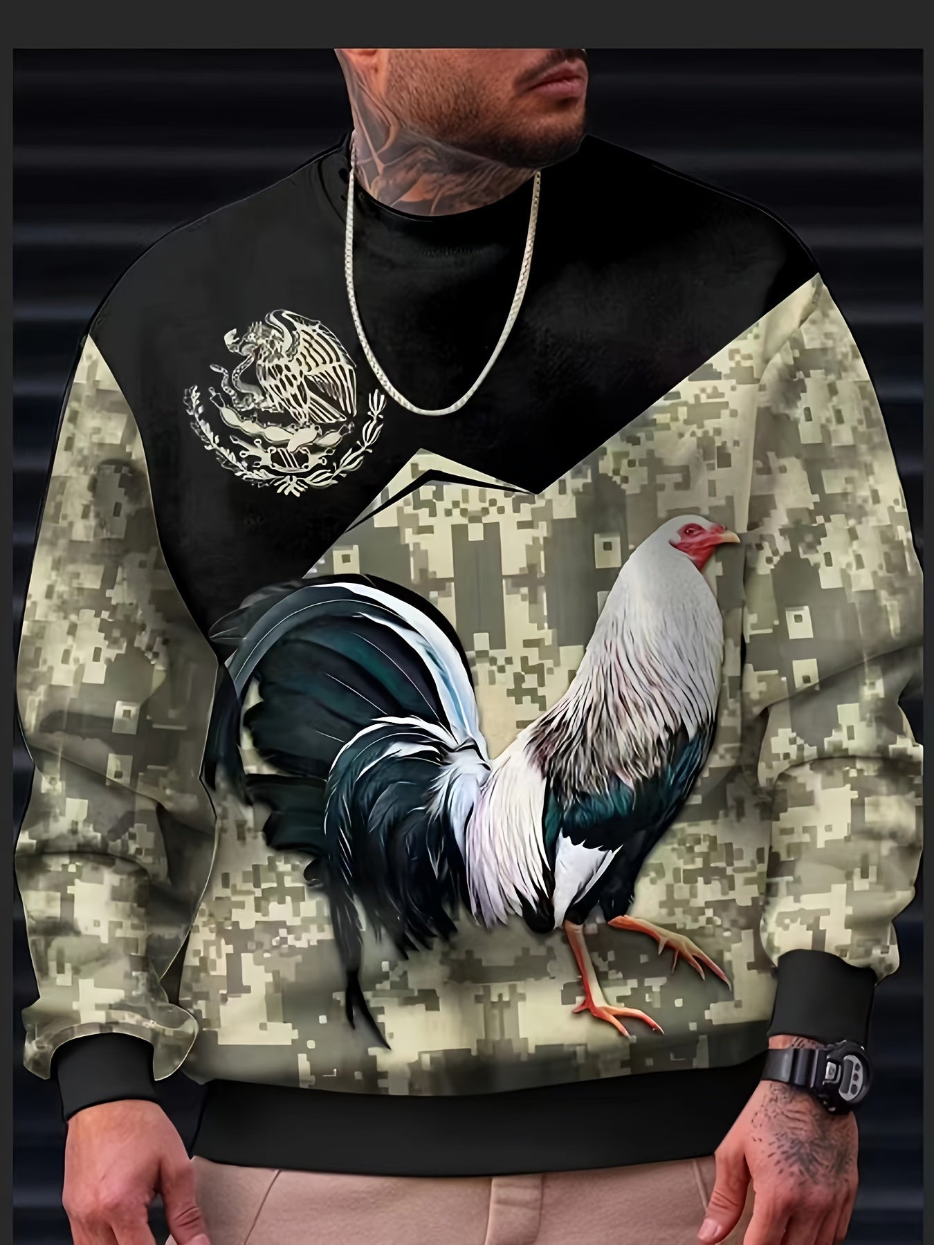 Mexico Rooster Print Men's Graphic Sweatshirt for Winter