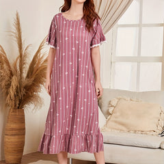 Heart Pattern Striped Nightdress Short Sleeve Ruffle Sleep Dress Women